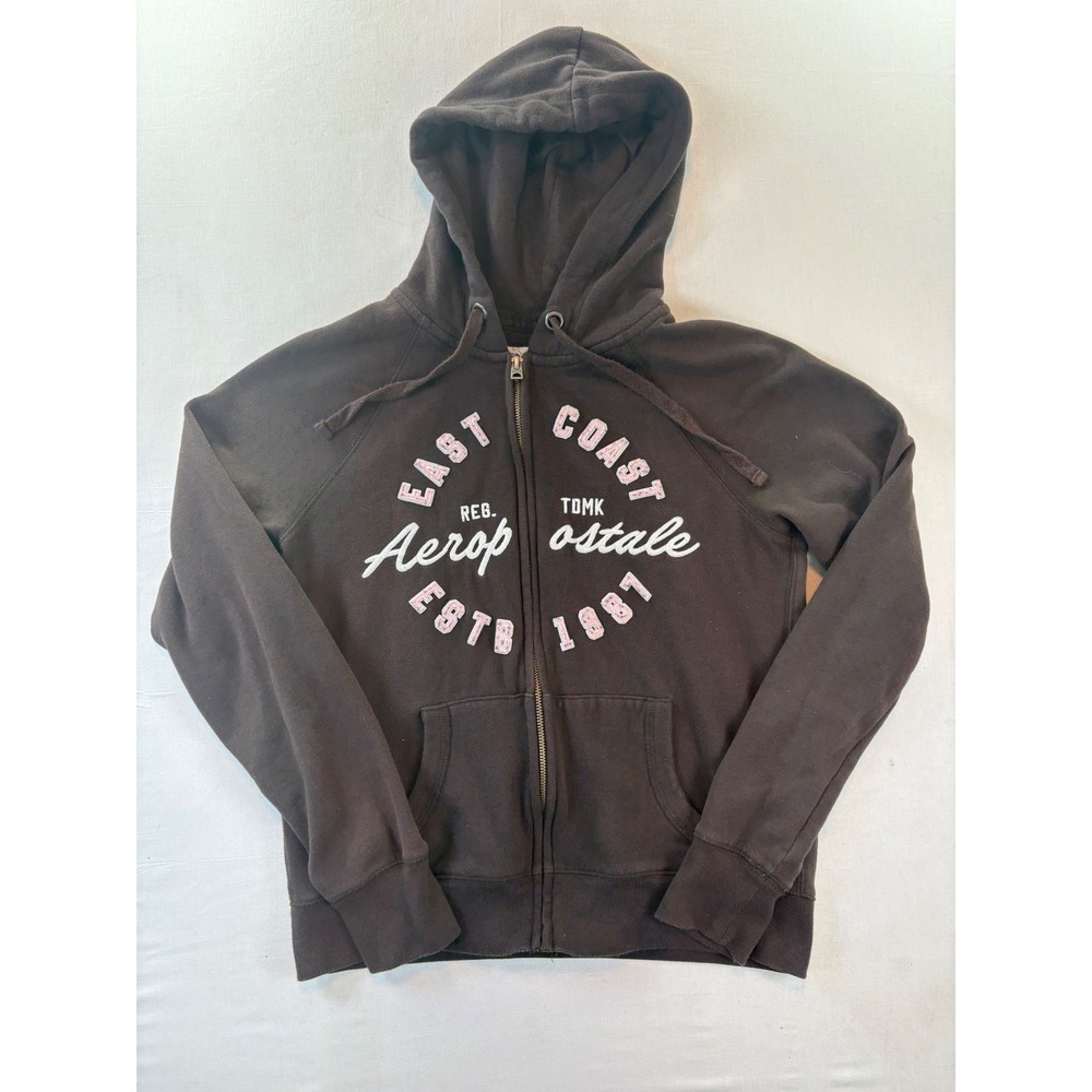 Aeropostale Womens East Coast Full Zip Hoodie Brown Pink Graphic Sweatshirt S